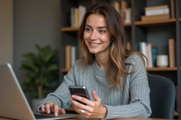 Femme utilisant PayPal sur smartphone pour payer sur Amazon sans carte bancaire depuis un bureau à domicile
