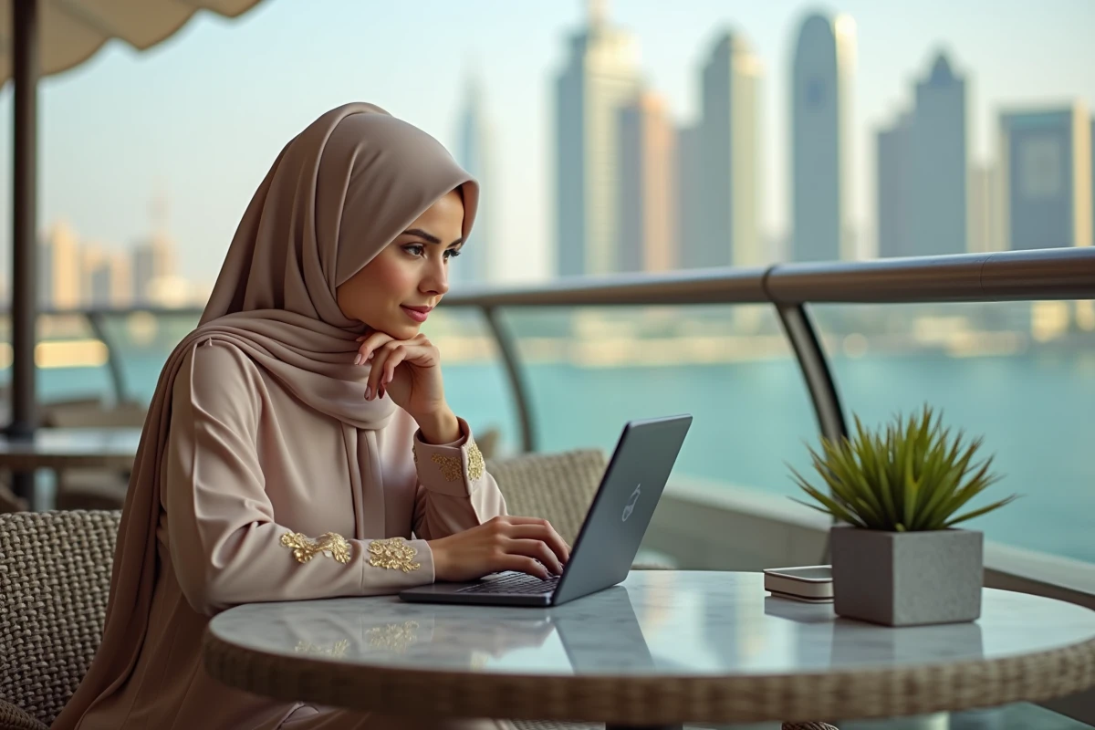 Jeune femme qatarie avec abaya dans un café à Doha