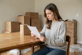 Femme lisant une lettre de résiliation d'assurance Matmut entourée de cartons de déménagement dans un appartement