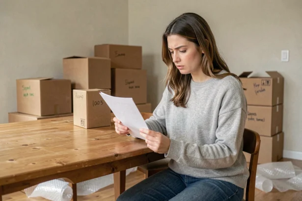 Femme lisant une lettre de résiliation d'assurance Matmut entourée de cartons de déménagement dans un appartement