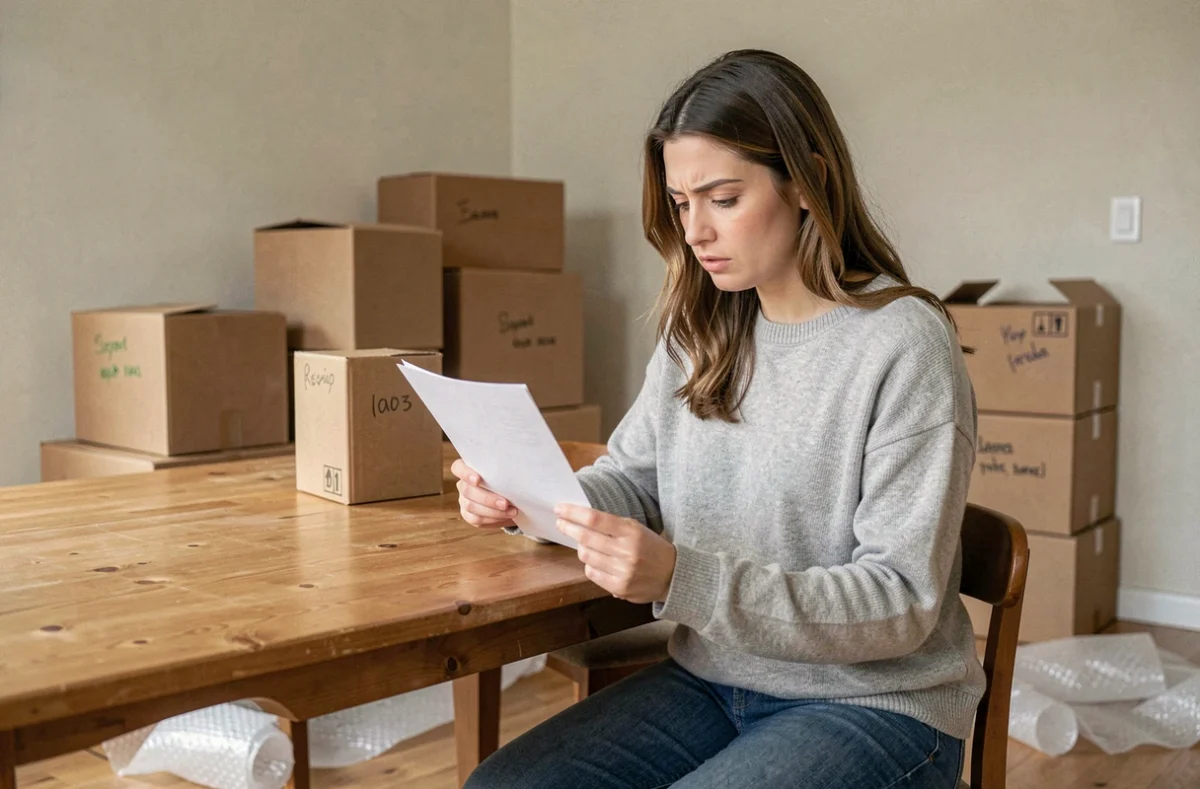 Femme lisant une lettre de résiliation d'assurance Matmut entourée de cartons de déménagement dans un appartement