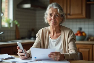 Femme d'âge moyen examine des papiers bancaires à la maison
