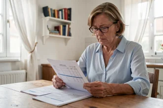 Femme examinant ses documents de revenus de placement pour la déclaration CAF à domicile