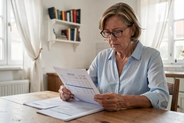 Femme examinant ses documents de revenus de placement pour la déclaration CAF à domicile