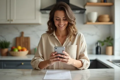 Femme photographiant un ticket de caisse avec son smartphone pour obtenir un remboursement via une application mobile de cashback