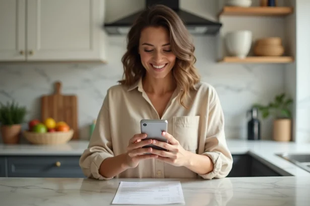 Femme photographiant un ticket de caisse avec son smartphone pour obtenir un remboursement via une application mobile de cashback
