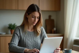 Femme consultant une fiche de paie et simulant son salaire net au SMIC sur un ordinateur portable dans une cuisine