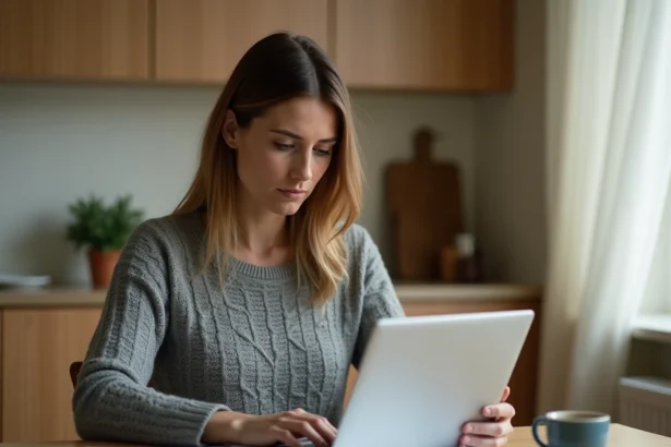 Femme consultant une fiche de paie et simulant son salaire net au SMIC sur un ordinateur portable dans une cuisine