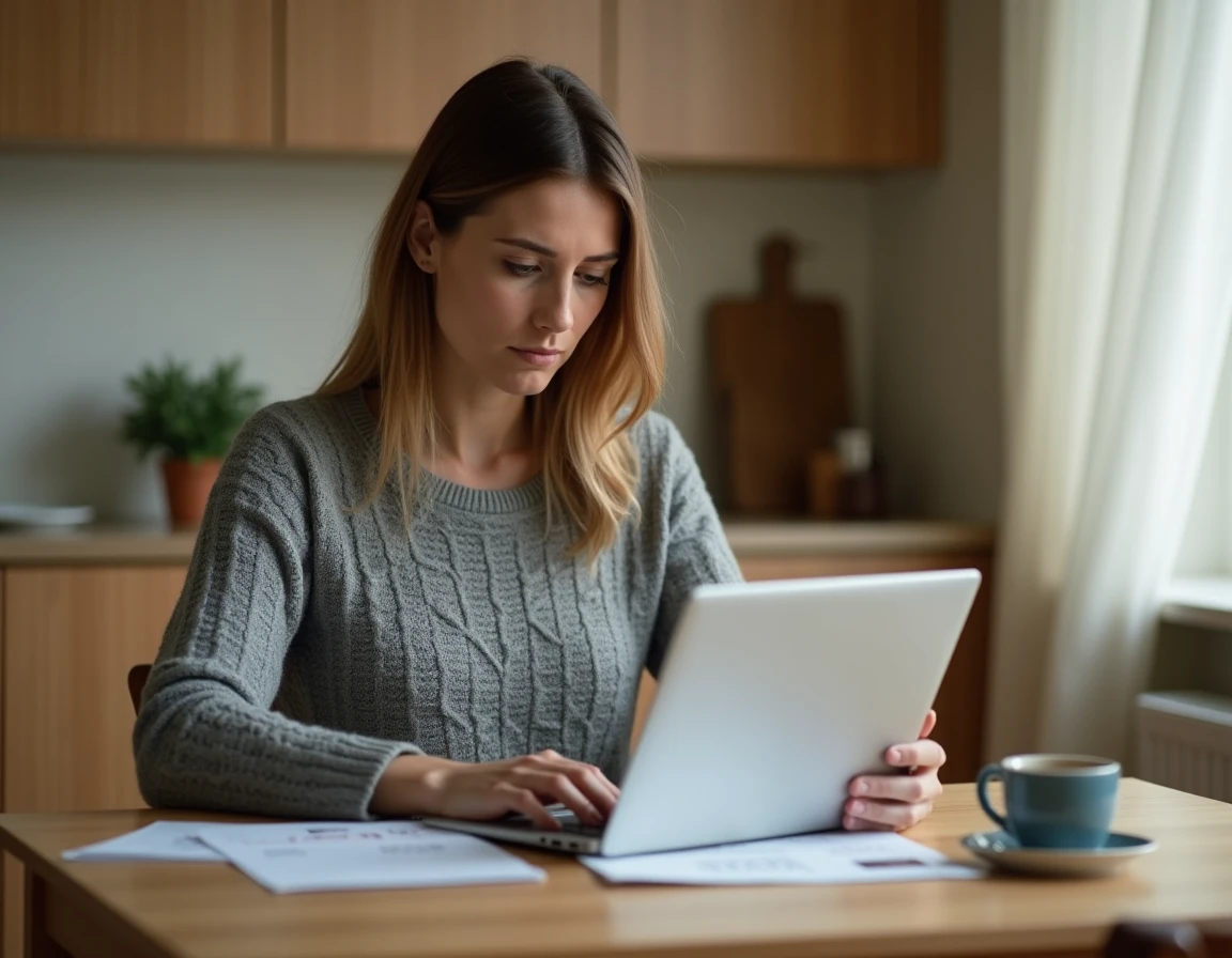 Femme consultant une fiche de paie et simulant son salaire net au SMIC sur un ordinateur portable dans une cuisine