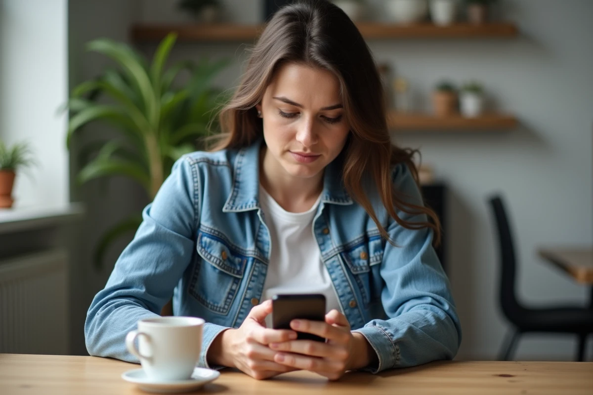 Femme en cuisine utilisant son smartphone avec concentration