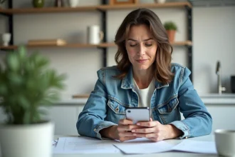 Femme avec smartphone dans une cuisine moderne