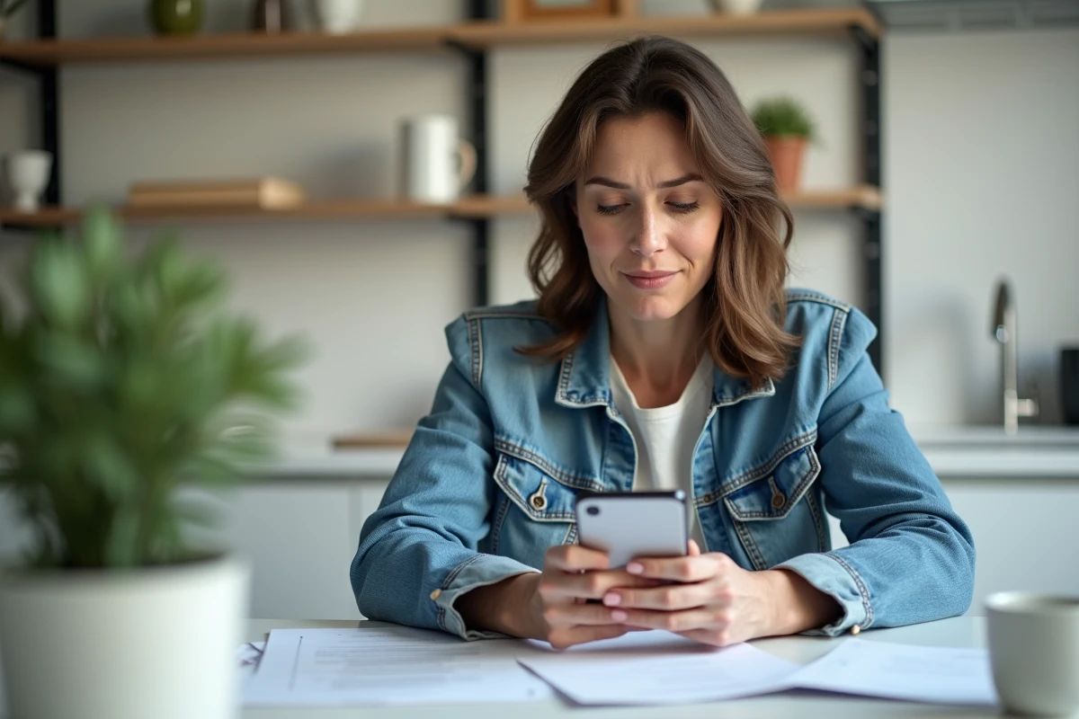 Femme avec smartphone dans une cuisine moderne