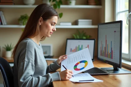Femme consultant un tableau de budget mensuel automatique sur ordinateur portable dans un bureau à domicile organisé