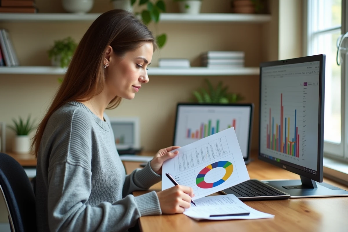 Femme consultant un tableau de budget mensuel automatique sur ordinateur portable dans un bureau à domicile organisé