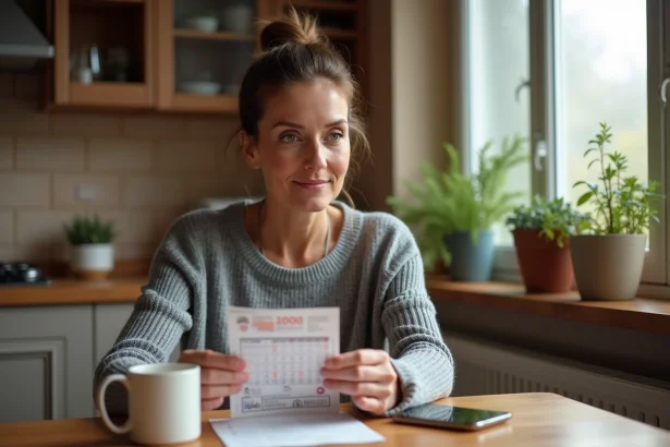 Femme tenant un ticket EuroMillions Étoile Plus dans une cuisine européenne chaleureuse