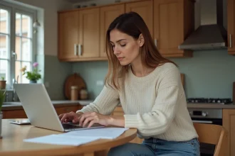 Femme assise à la cuisine avec ordinateur et documents