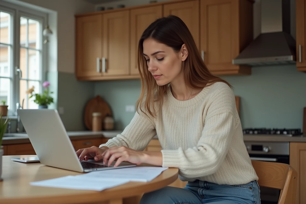 Femme assise à la cuisine avec ordinateur et documents