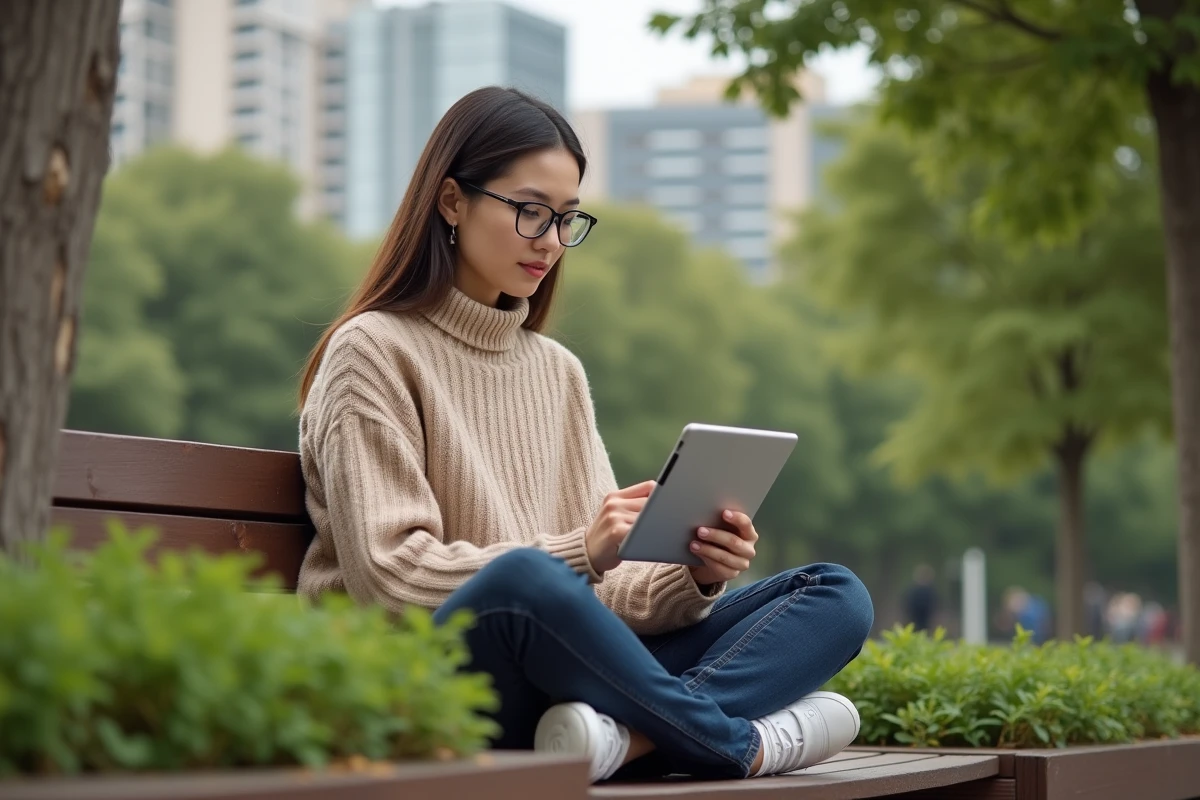 Jeune femme utilise une tablette dans un parc urbain
