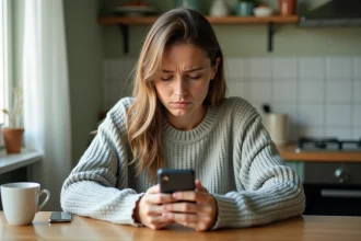 Femme inquiète vérifiant son compte bancaire sur smartphone en attendant un virement CAF