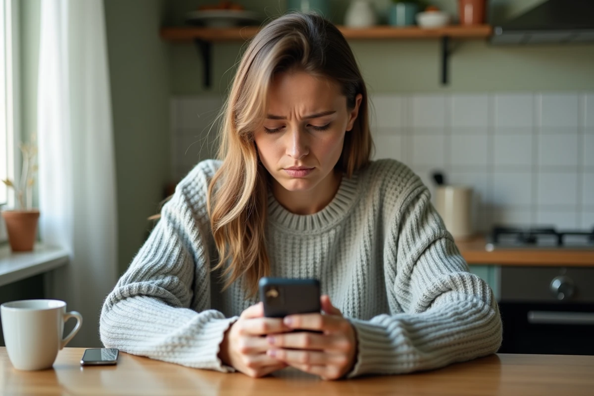 Femme inquiète vérifiant son compte bancaire sur smartphone en attendant un virement CAF