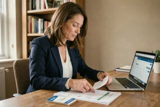 Femme consultant les documents de son livret d'épargne à son bureau pour vérifier le plafond du livret LEL