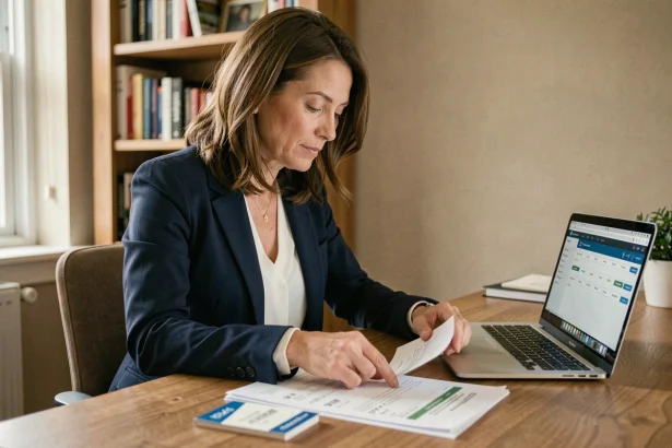 Femme consultant les documents de son livret d'épargne à son bureau pour vérifier le plafond du livret LEL