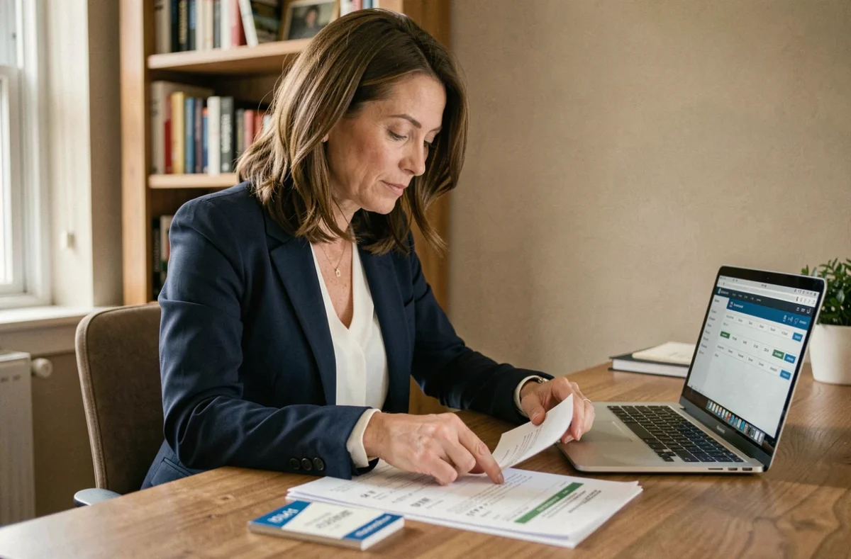 Femme consultant les documents de son livret d'épargne à son bureau pour vérifier le plafond du livret LEL