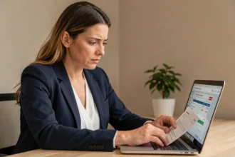 Femme examinant un virement international sur son ordinateur portable dans un bureau à domicile moderne