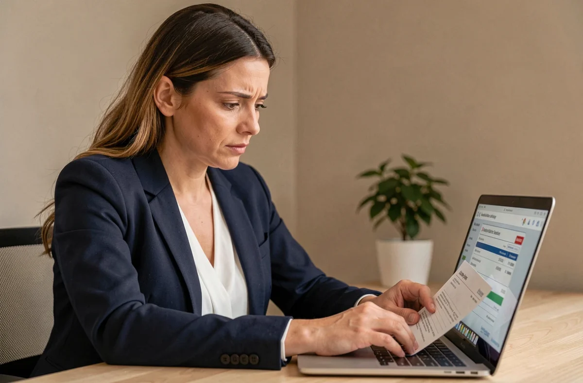 Femme examinant un virement international sur son ordinateur portable dans un bureau à domicile moderne