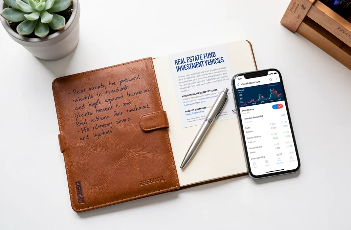 Flat-lay de documents financiers sur les SCPI et SCI en assurance vie avec carnet de notes et smartphone