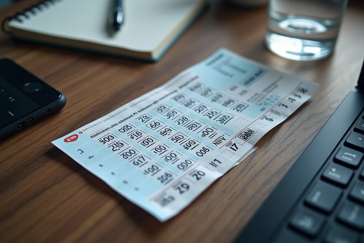 Vue aérienne d'un ticket EuroMillions Étoile Plus avec grille de numéros sur un bureau en bois