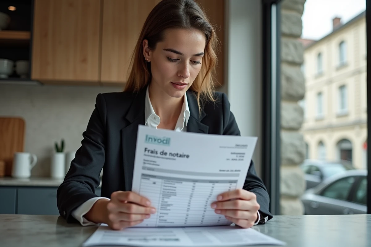 Jeune femme examinant une facture de frais de notaire à la maison
