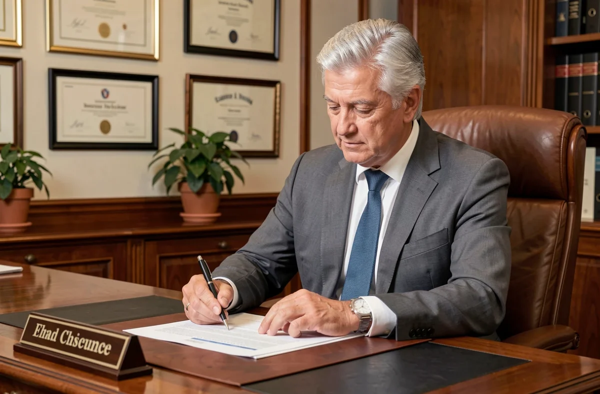François Courdurier, courtier en assurance expérimenté, annotant un document dans son bureau professionnel classique