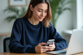 Femme utilisant une application bancaire sur smartphone pour gérer sa carte Hello bank depuis chez elle