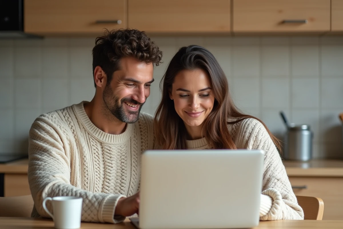 Couple consultant ensemble l'espace client Société Générale Particuliers sur ordinateur portable dans une cuisine