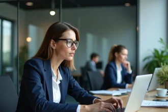 Professionnelle gérant sa trésorerie d'entreprise en ligne sur Cyberplus Banque Populaire depuis son bureau