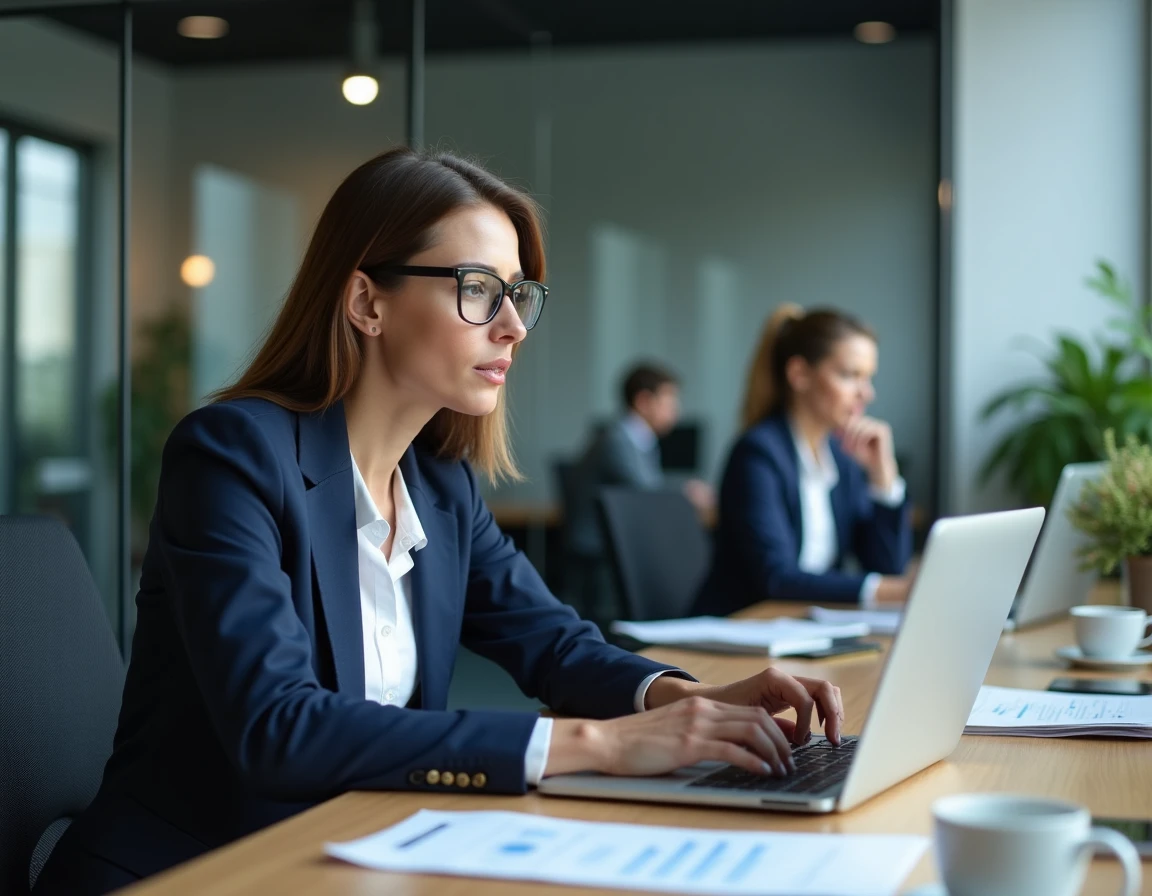 Professionnelle gérant sa trésorerie d'entreprise en ligne sur Cyberplus Banque Populaire depuis son bureau