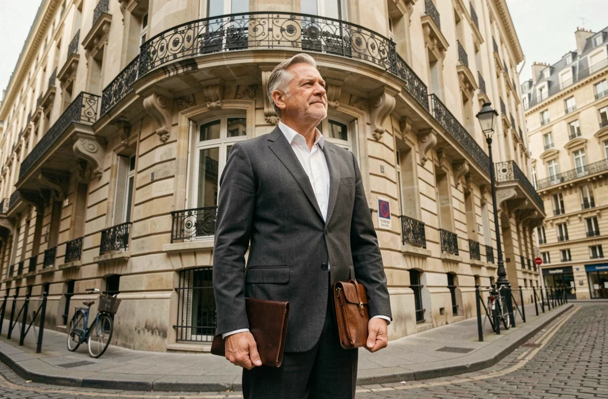 Gestionnaire de patrimoine devant un immeuble haussmannien symbolisant l'investissement immobilier européen en SCPI