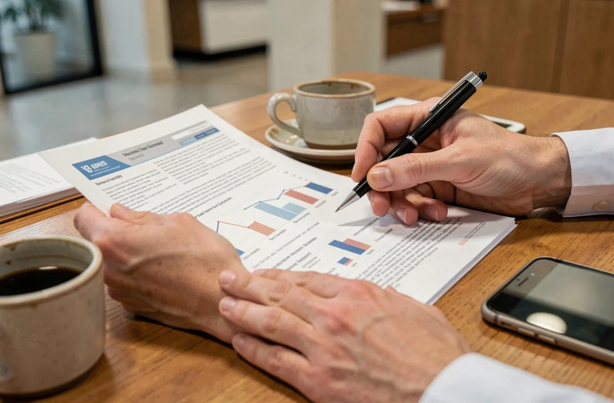 Gros plan sur des mains consultant une brochure bancaire lors d'un entretien financier