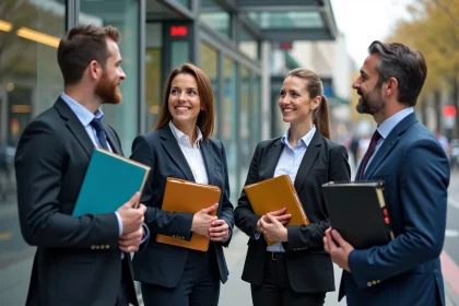 Groupe de quatre adultes discutant à un arrêt de tram français