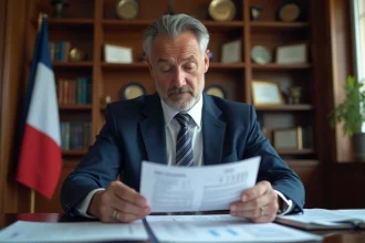 Homme d'affaires en costume bleu examinant des documents officiels