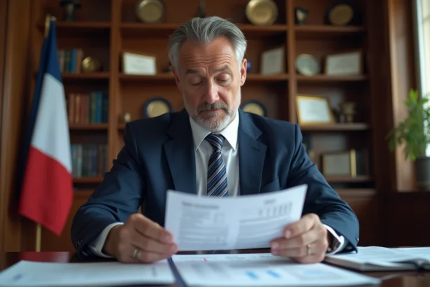 Homme d'affaires en costume bleu examinant des documents officiels