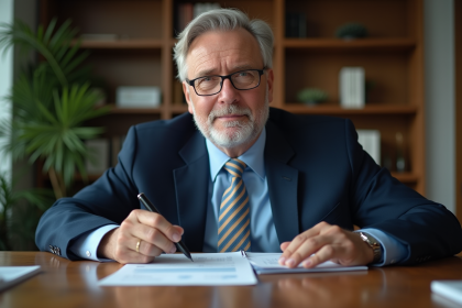 Homme d'affaires en costume bleu dans un bureau professionnel
