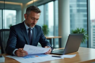Homme d'affaires en costume bleu dans un bureau moderne