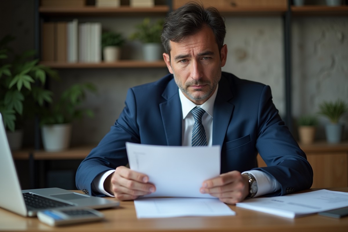 Homme d'affaires en costume lit un document dans un bureau
