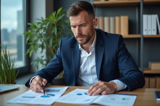 Homme d'affaires en costume regardant des documents financiers