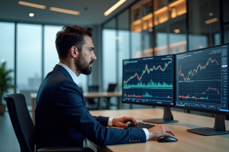 Homme d'affaires analysant des graphiques dans un bureau moderne