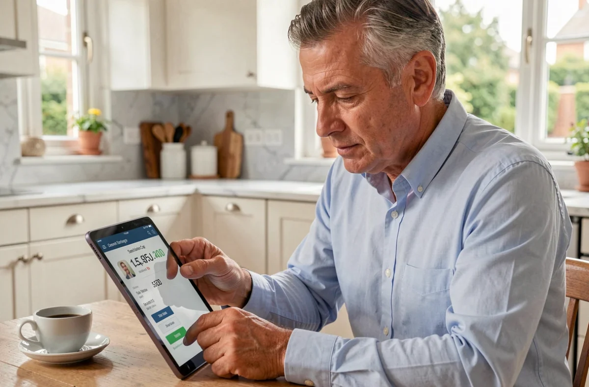 Homme vérifiant le plafond de son livret LEL sur une application bancaire depuis sa cuisine