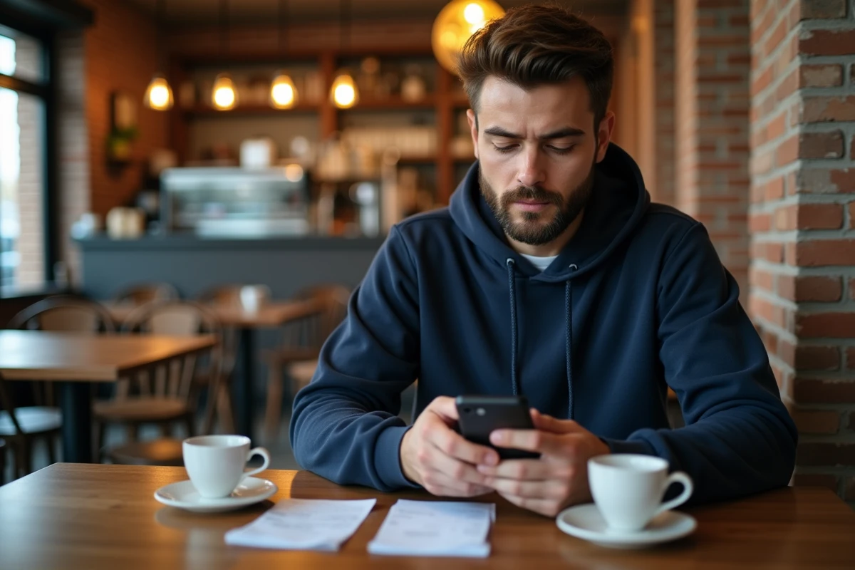 Homme utilisant une application mobile de remboursement dans un café en consultant plusieurs tickets de caisse posés sur la table