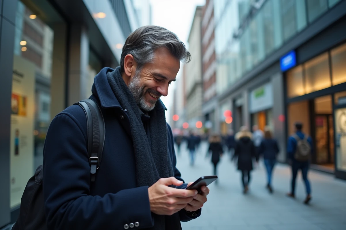 Homme utilisant l'application mobile Société Générale sur son smartphone en pleine rue en ville